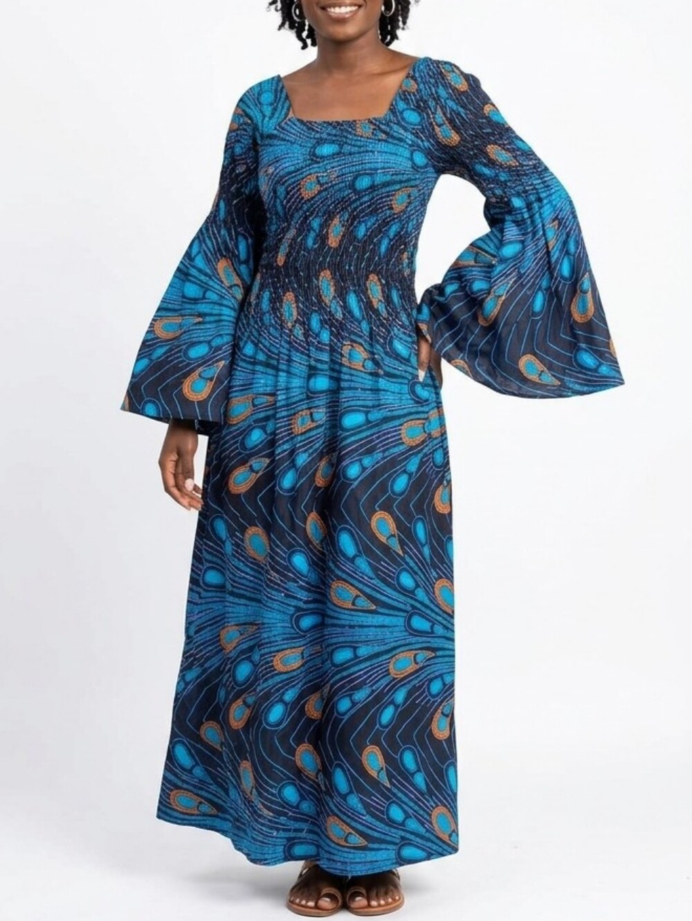 African Stars Blue & Orange Printed Bell Sleeve Smocked Bodice Maxi Dress OSFM